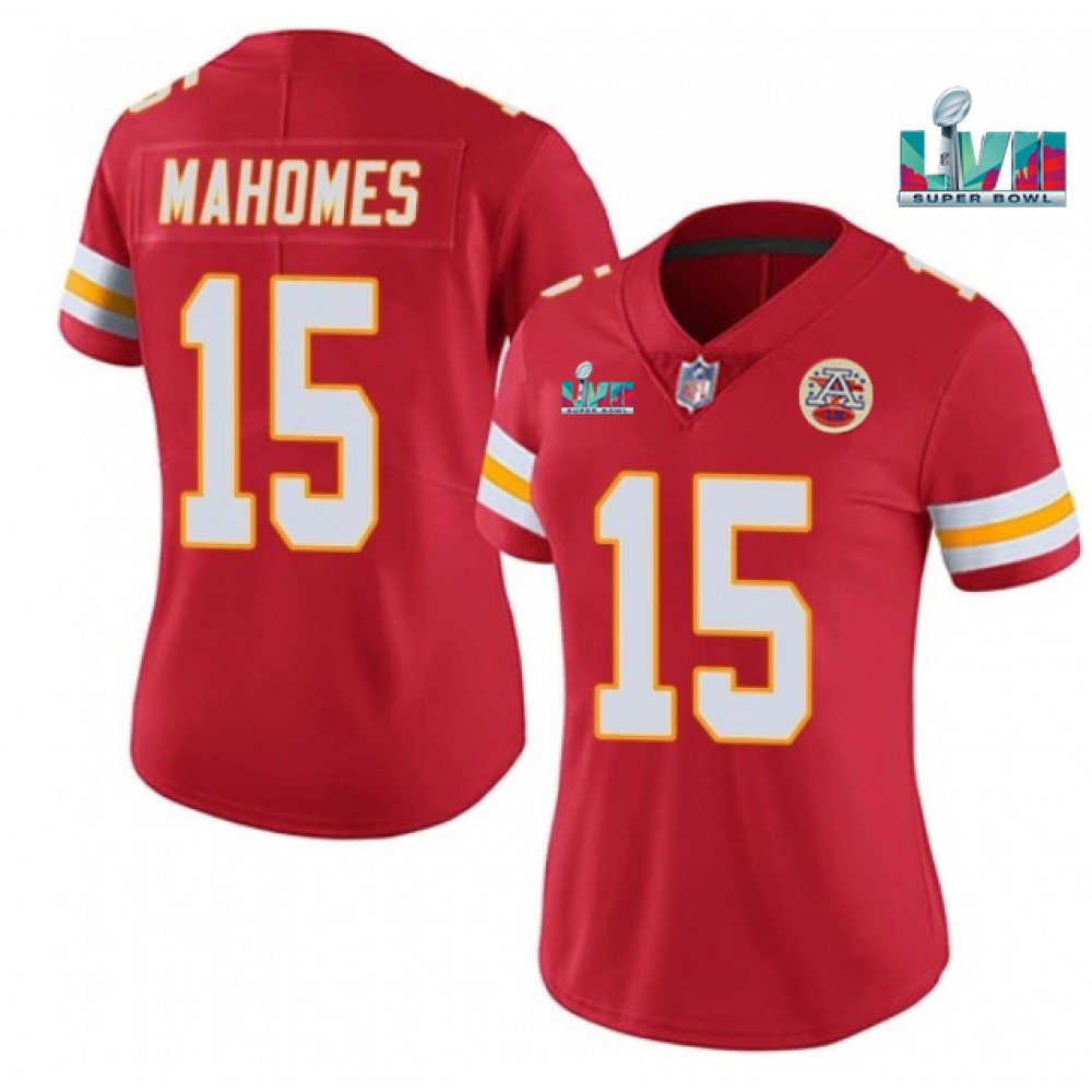 Women’s Kansas City Chiefs #15 Patrick Mahomes Red Super Bowl LVII Patch Vapor Stitched Jersey(Run Small)
