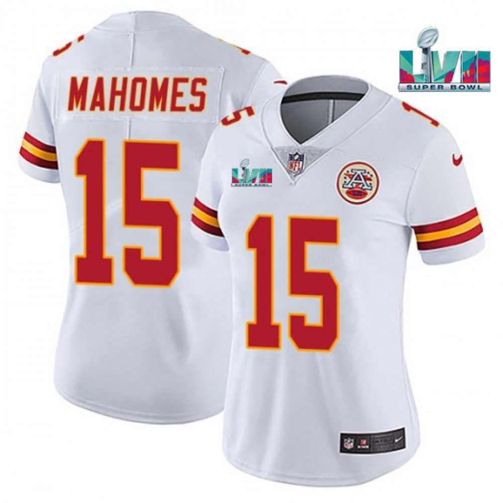 Women’s Kansas City Chiefs #15 Patrick Mahomes White Super Bowl LVII Patch Vapor Stitched Jersey(Run Small)