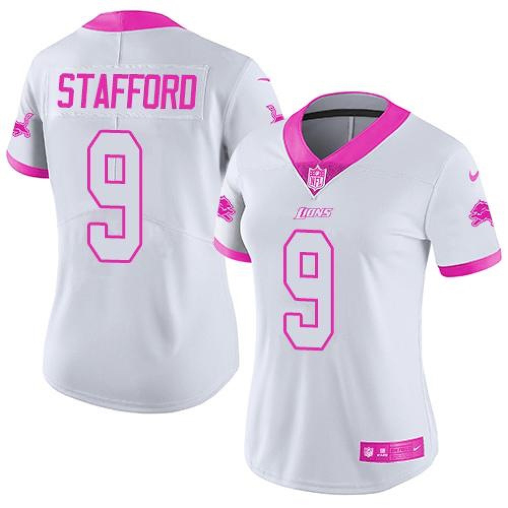 Lions #9 Matthew Stafford White/Pink Women’s Stitched NFL Limited Rush Fashion Jersey