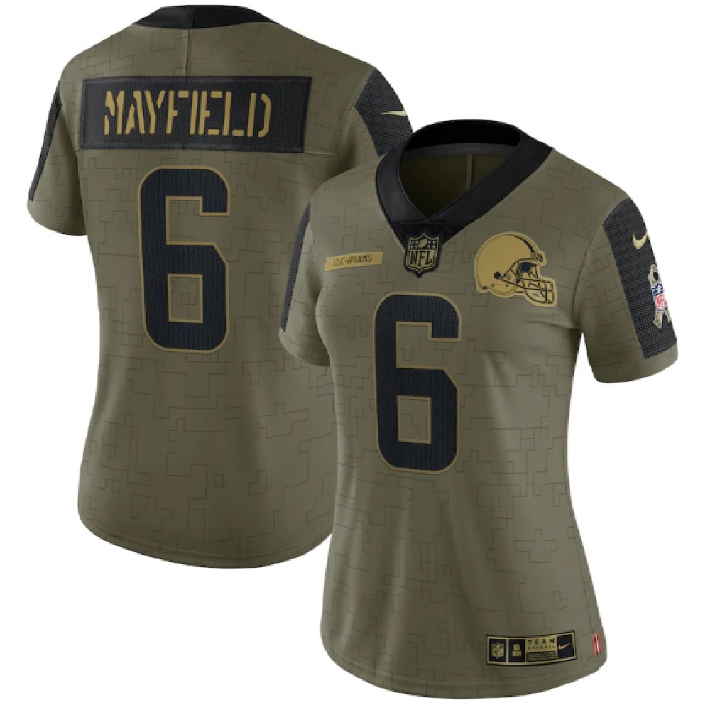 Women’s Cleveland Browns #6 Baker Mayfield 2021 Olive Salute To Service Limited Stitched Jersey(Run Small)