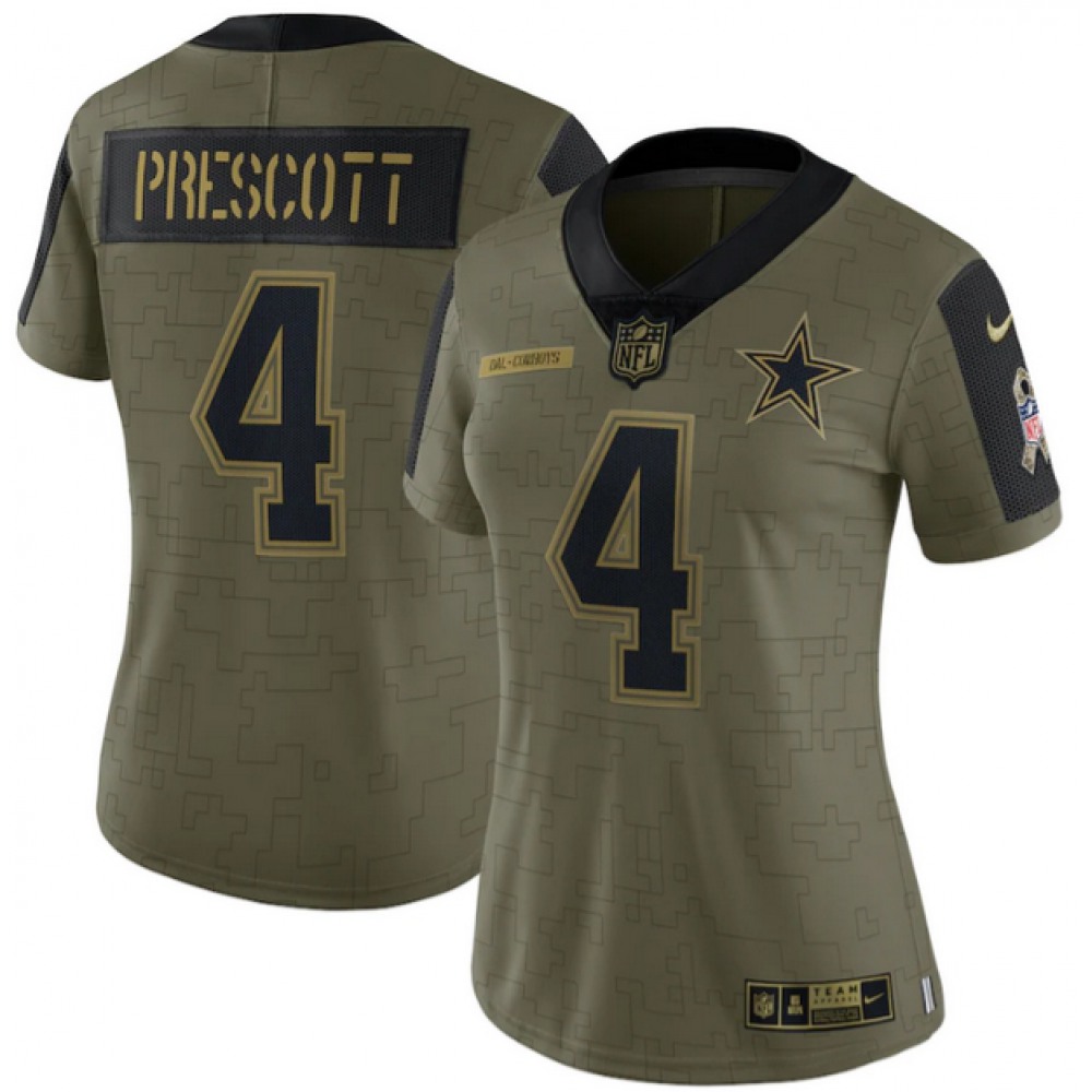 Women’s Dallas Cowboys #4 Dak Prescott 2021 Olive Salute To Service Limited Stitched Jersey