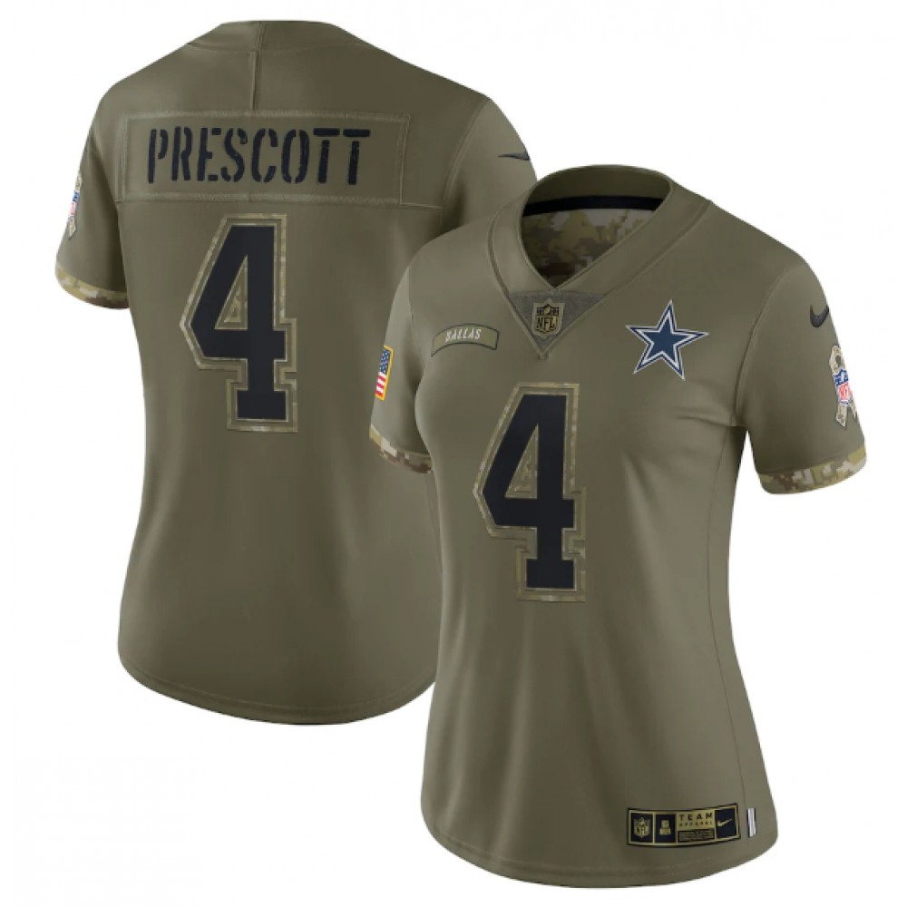 Women’s Dallas Cowboys #4 Dak Prescott Olive 2022 Salute To Service Limited Stitched Jersey(Run Small)