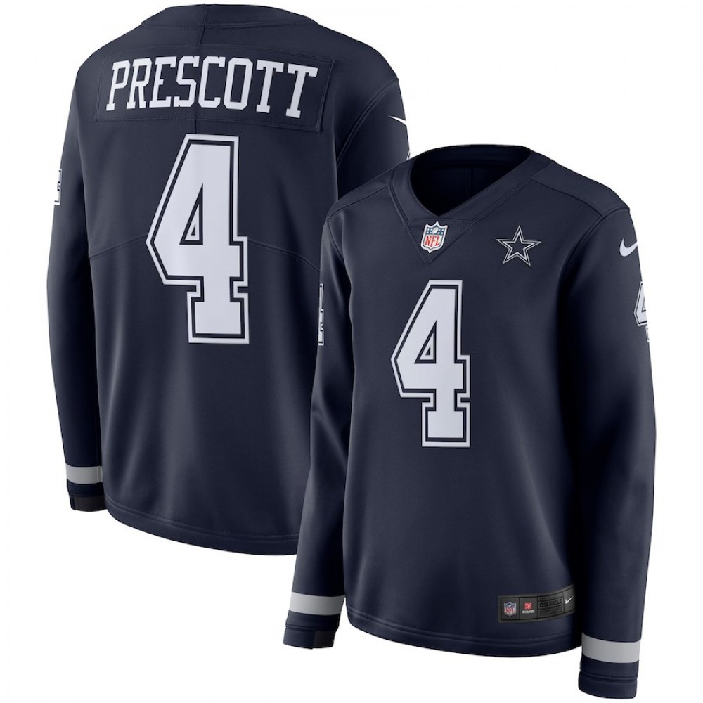 Women’s Dallas Cowboys #4 Dak Prescott Navy Therma Long Sleeve Stitched NFL Jersey