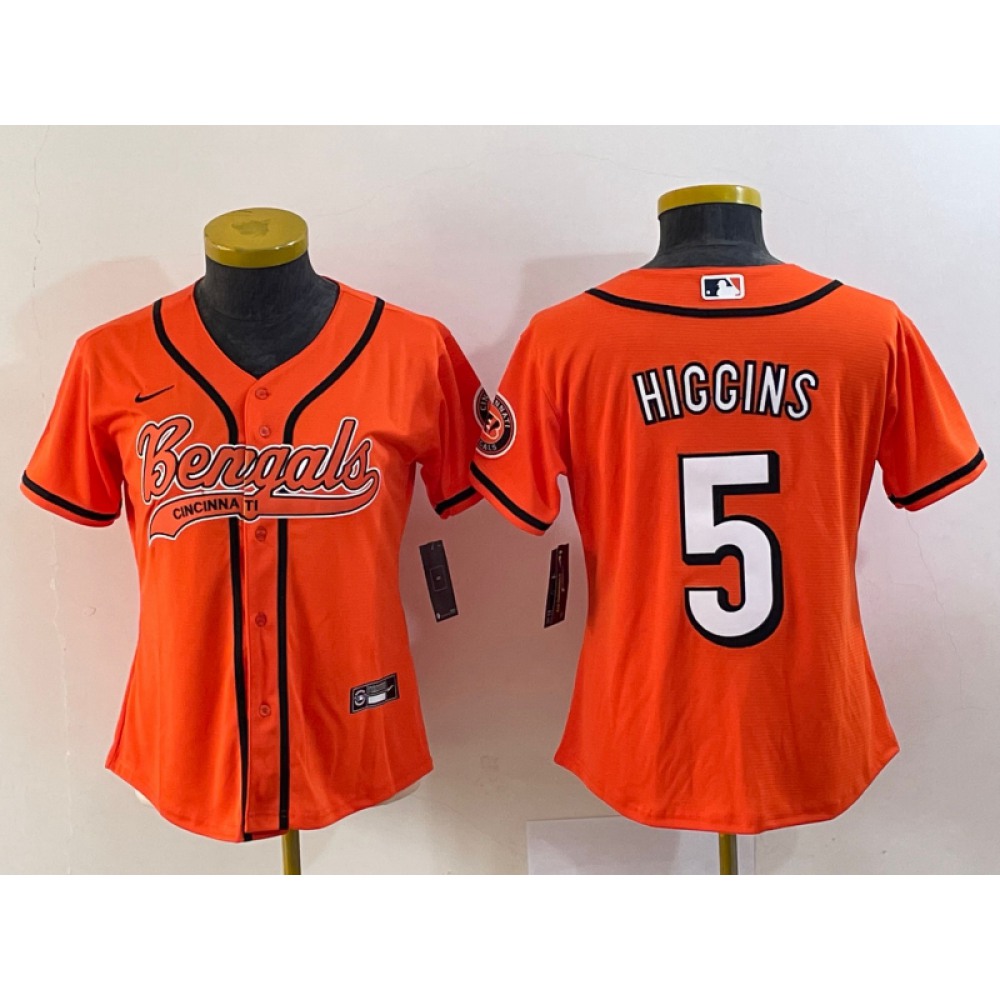 Women’s Cincinnati Bengals #5 Tee Higgins Orange With Patch Cool Base Stitched Baseball Jersey(Run Small)