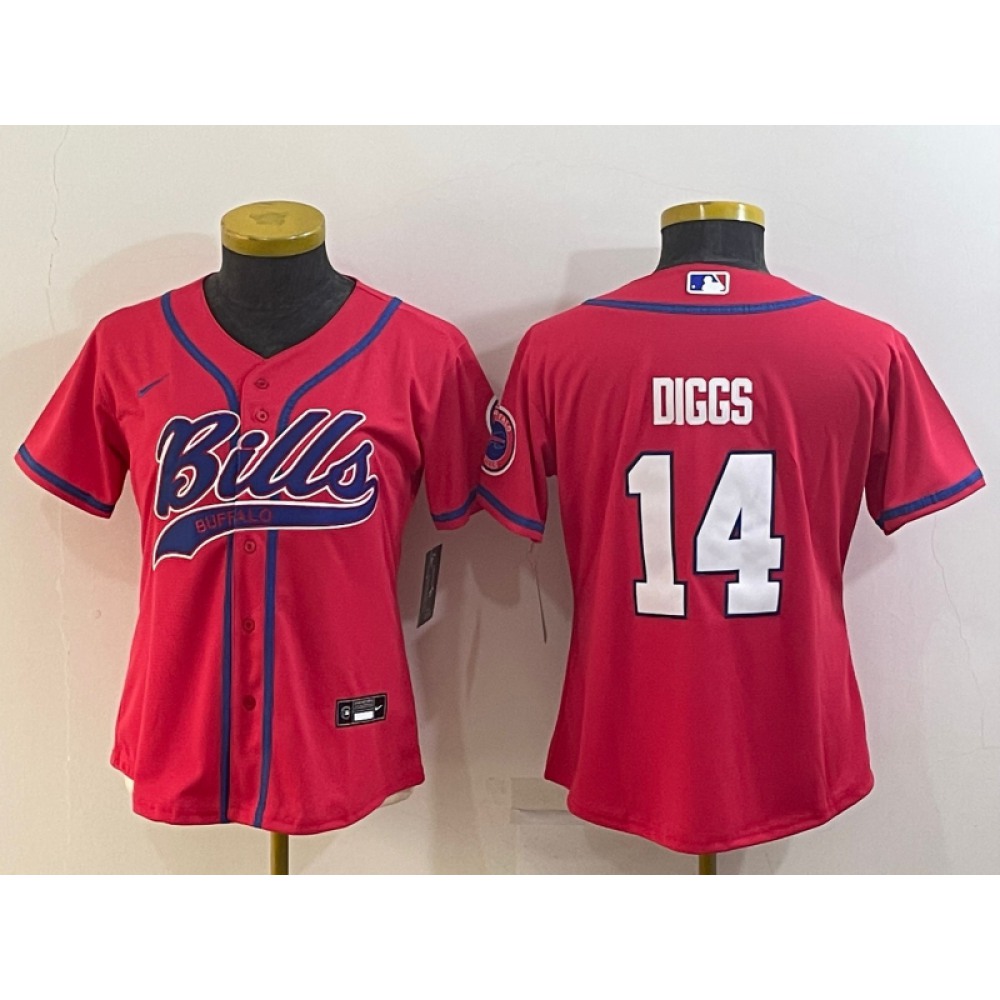 Women’s Buffalo Bills #14 Stefon Diggs Red With Patch Cool Base Stitched Baseball Jersey(Run Small)