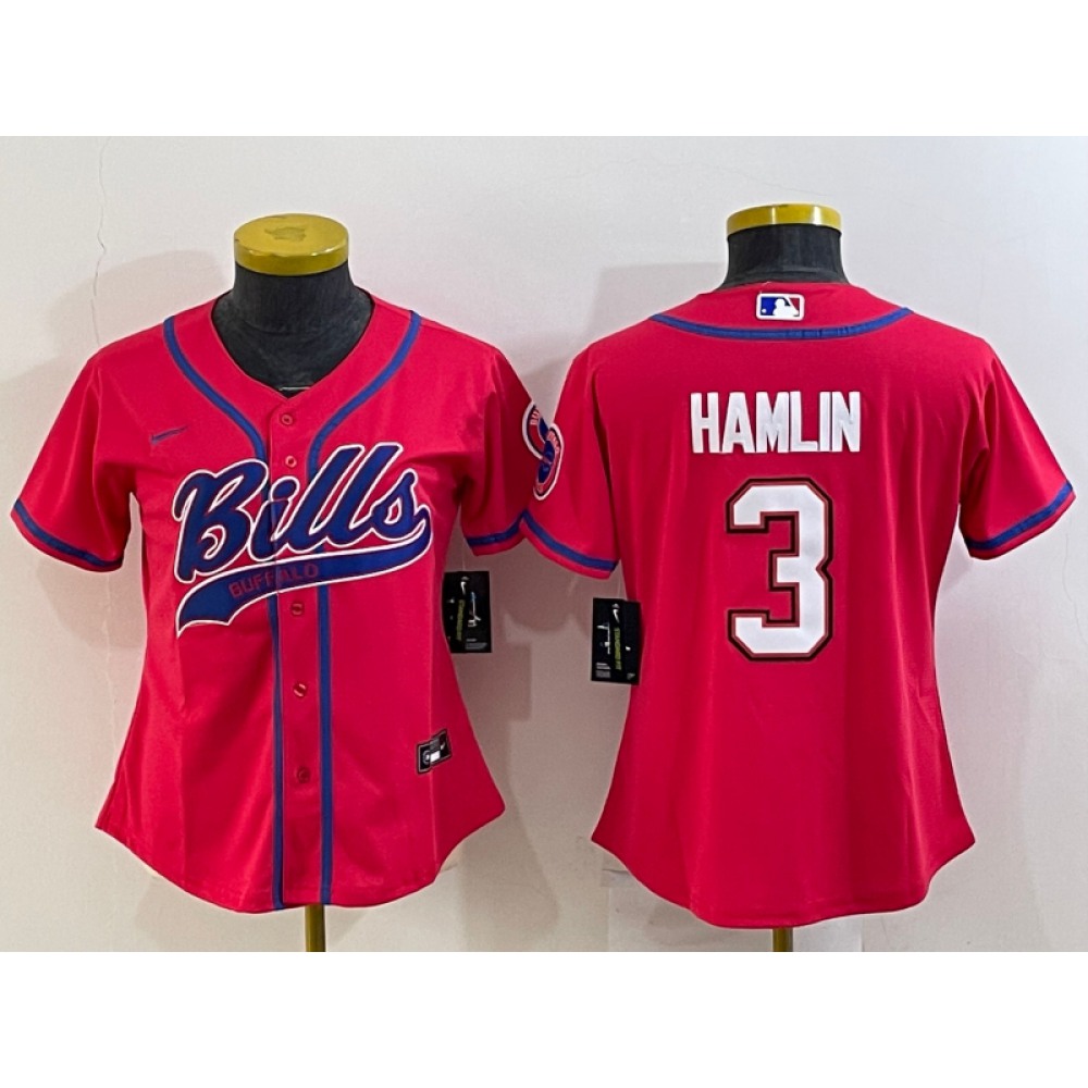 Women’s Buffalo Bills #3 Damar Hamlin Red With Patch Cool Base Stitched Baseball Jersey(Run Small)