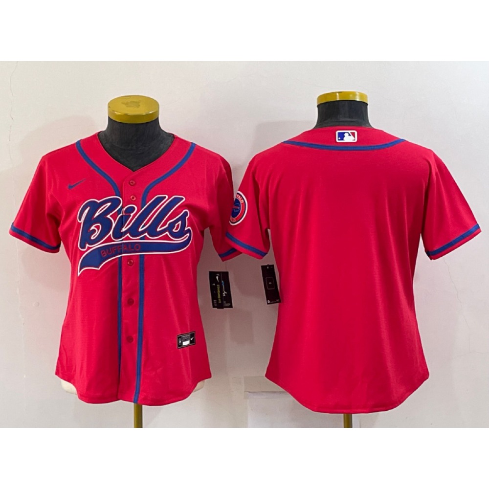 Women’s Buffalo Bills Blank Red With Patch Cool Base Stitched Baseball Jersey(Run Small)