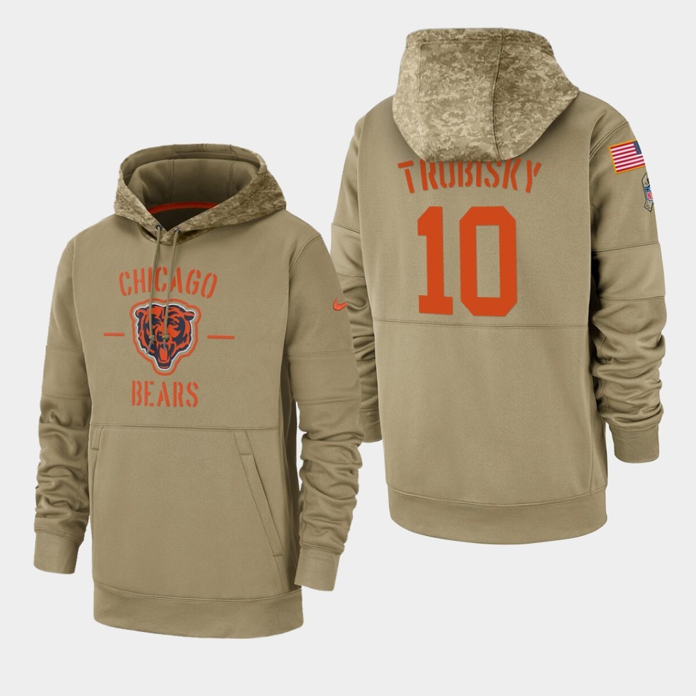 Men’s Chicago Bears #10 Mitchell Trubisky Tan 2019 Salute to Service Sideline Therma Pullover Hoodie