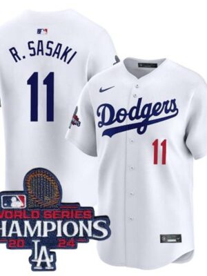 Men's Los Angeles Dodgers #11 Roki Sasaki White 2024 World Series Champions Home Limited Stitched Baseball Jersey